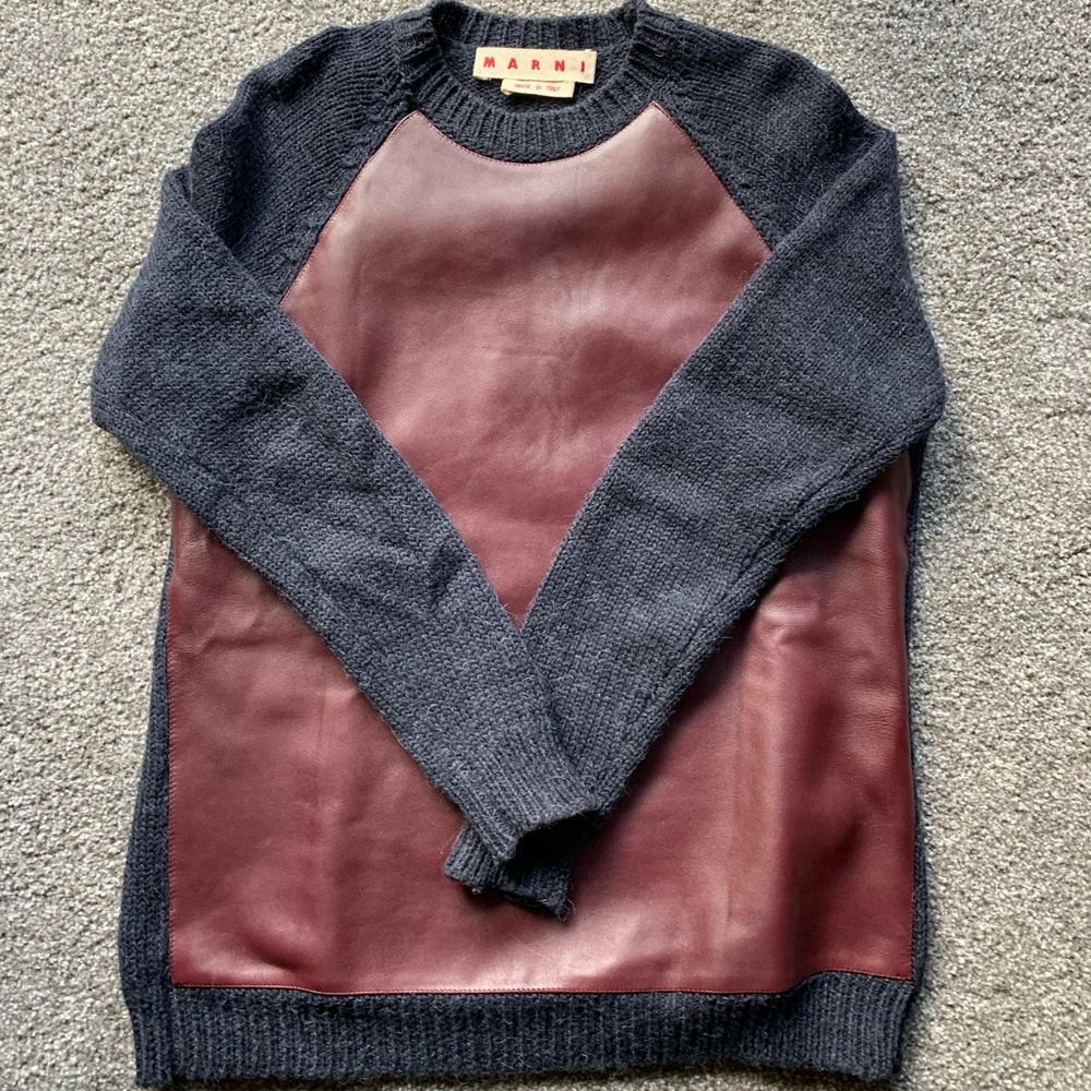 Marni grey wool and burgundy leather sweater